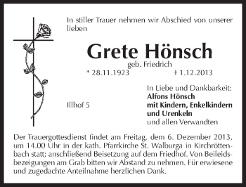 Traueranzeige von Grete Hönsch von Pegnitz-Zeitung